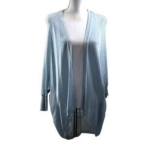 Chico's Travelers blue shimmery cardigan, summer layering, elegant, vacation